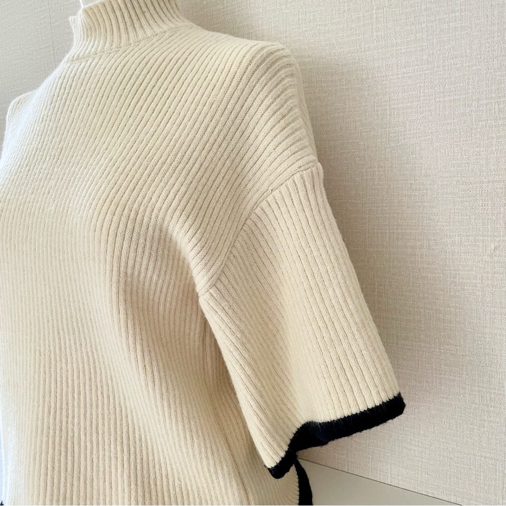 Jon & Anna Ribbed Boxy Sweater with Mock Neck, Cream with Black Trim, La… - Picture 3 of 9